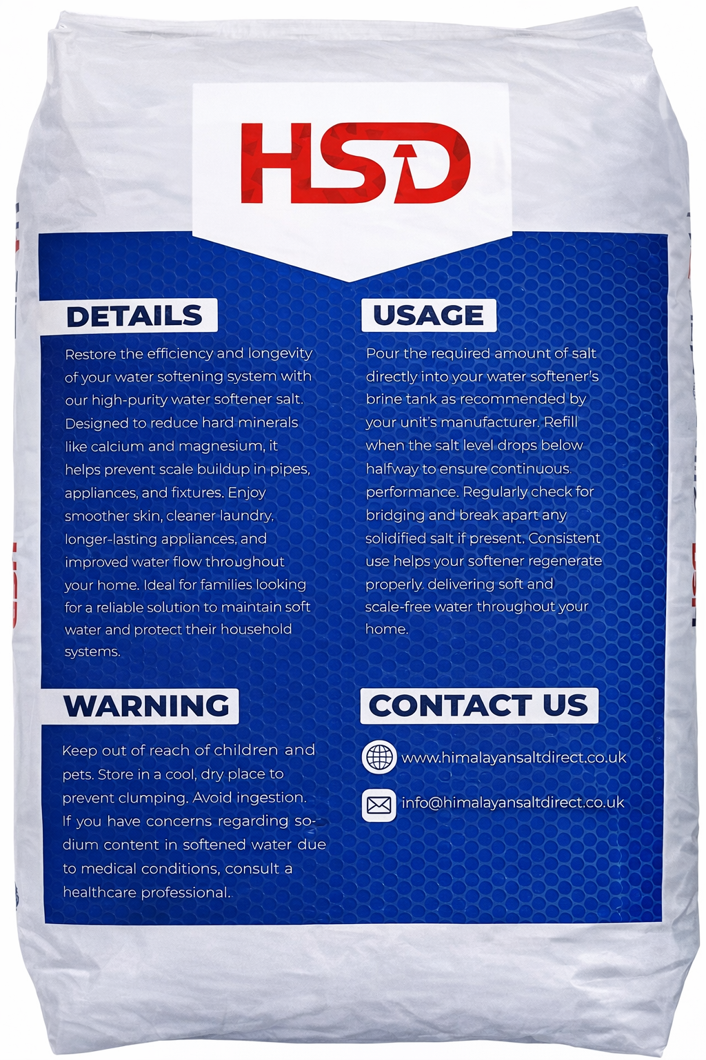 HSD Granular Salt Water Softener Salt Dishwasher Food Grade 25KG Bags